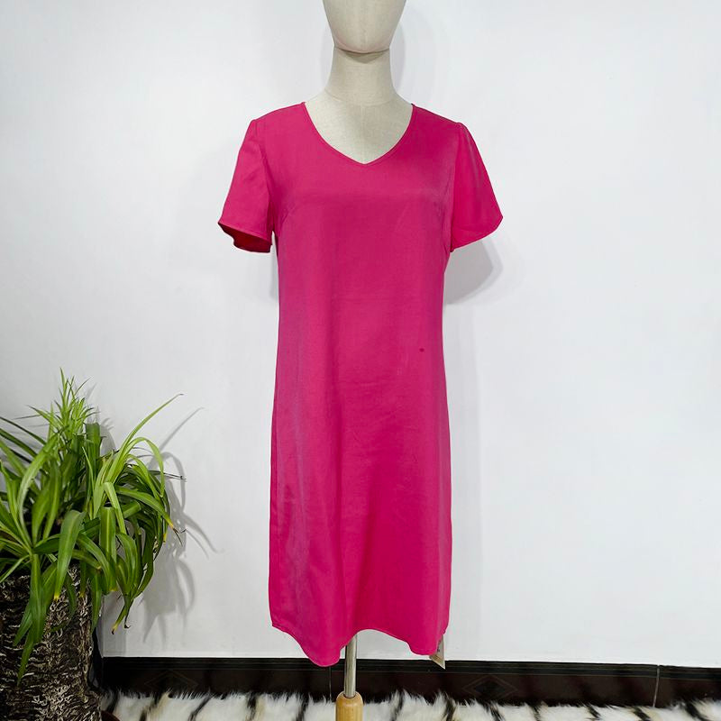 Rose-Red V-Neck Short-Sleeve Loose-Fit Dress