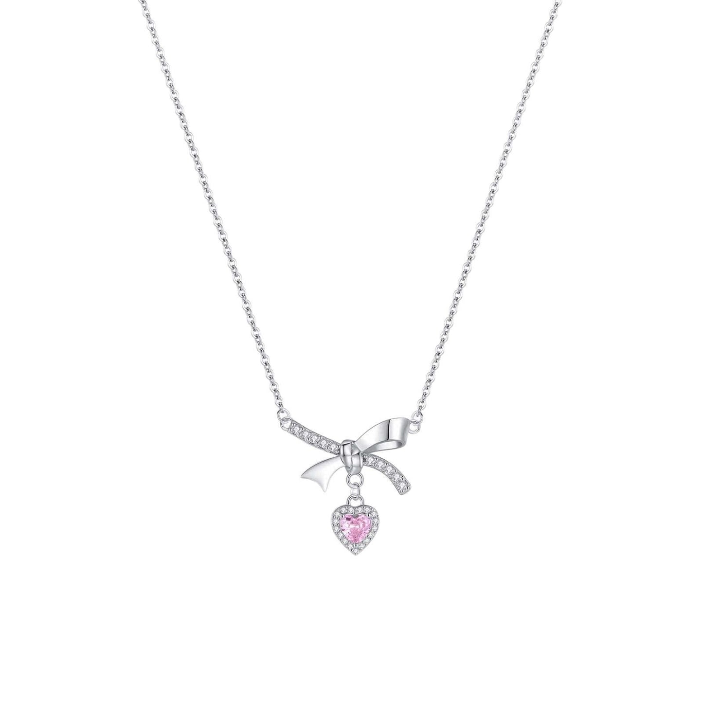 999 Sterling Silver Necklace with Bowknot and Pink Heart