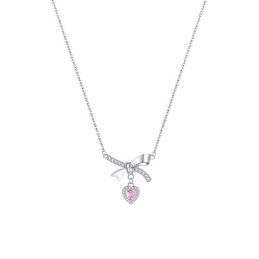 999 Sterling Silver Necklace with Bowknot and Pink Heart