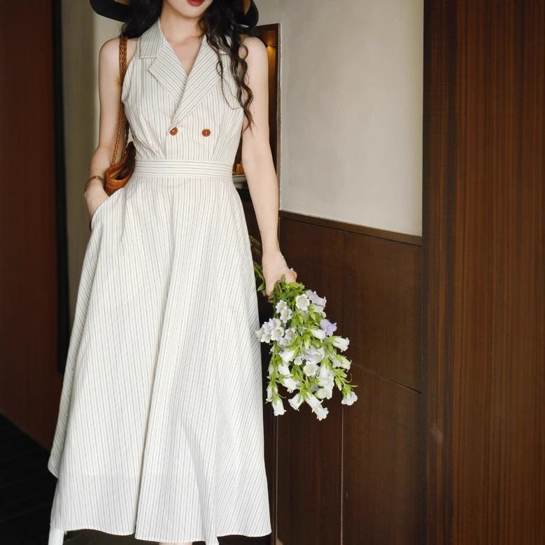 Striped Shirt Dress with Halter Neck and Cinched Waist