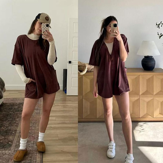 Relaxed-fit Casual Short-sleeve V-neck Backless Jumpsuit With Shorts