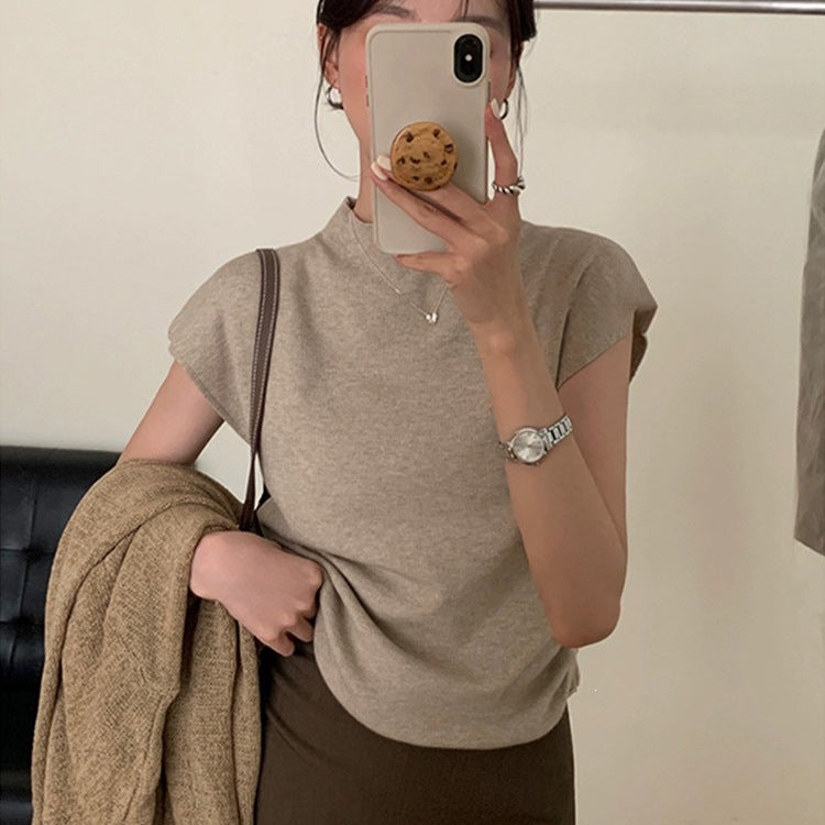Women's Half-Neck Short-Sleeve Slim-Fit Cropped Knit Top