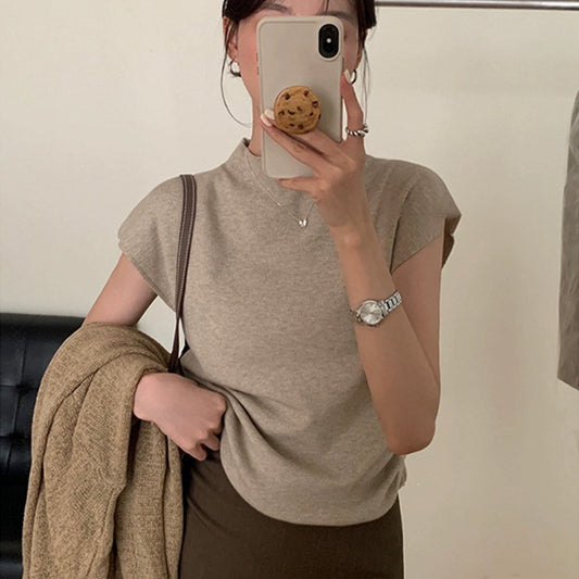 Women's Half-Neck Short-Sleeve Slim-Fit Cropped Knit Top