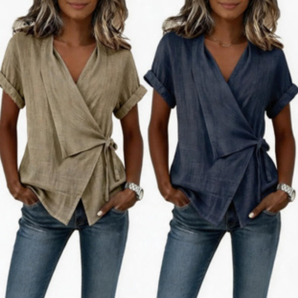Short-Sleeve Top with Lapel Collar and Lace-Up