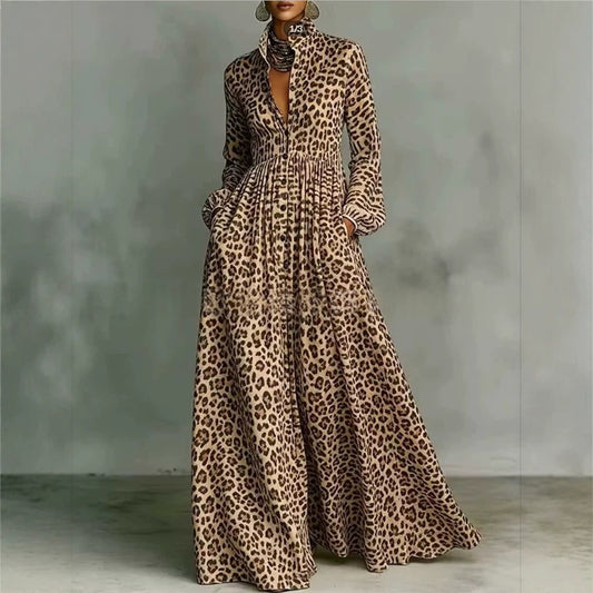 A-Line Dress with Leopard Print & Shirt Collar