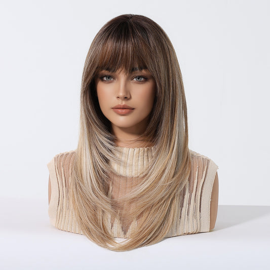 Wig Wispy Bangs Layered Cut Atmospheric Vibe Ombre Brown Long Length