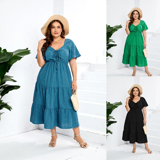 V-Neck Dress with Solid-Color High Waist
