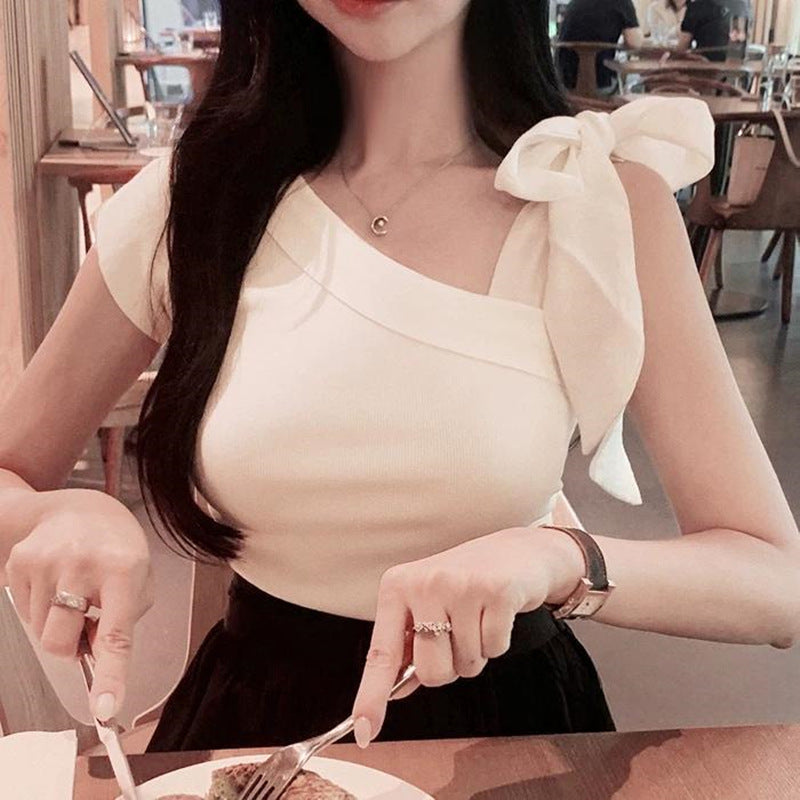 Lace-up Waist-cinching Short-sleeve Knit T-shirt For Women