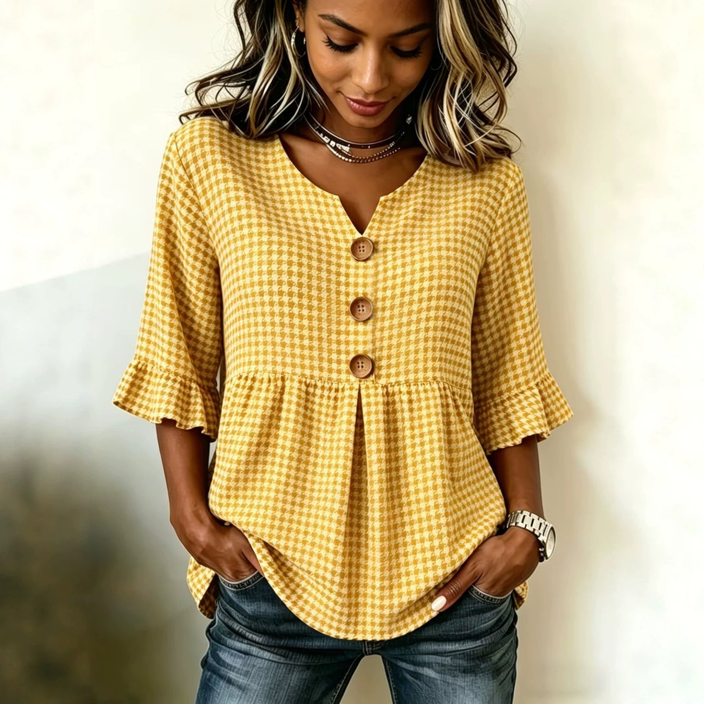 Women's Plaid Top, V-Neck Loose Fit