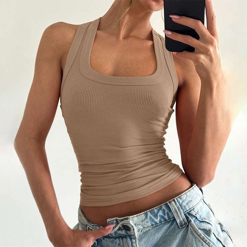 Cropped Tank Top with U-Neck Slim-Fit Racerback
