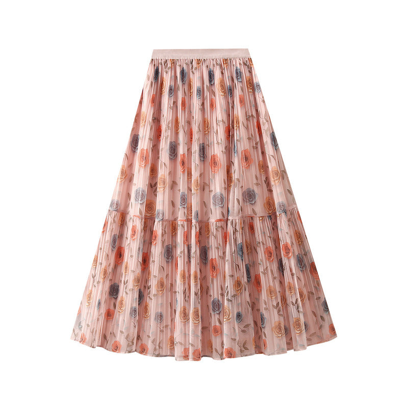 Skirt, Two-Way Mesh Rose-Printed