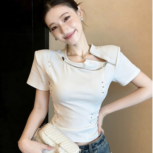 Chain-link Spliced Zipper Short-sleeve T-shirt Top