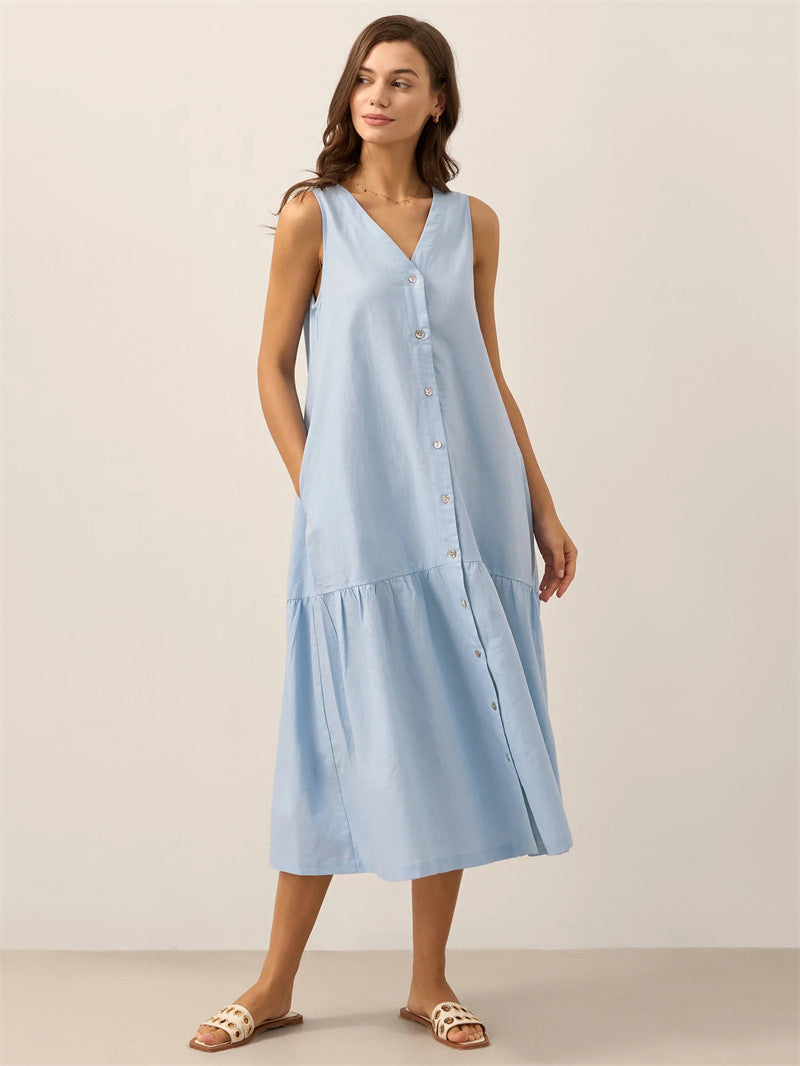 Tiered Midi Dress with V-Neck Linen Blend