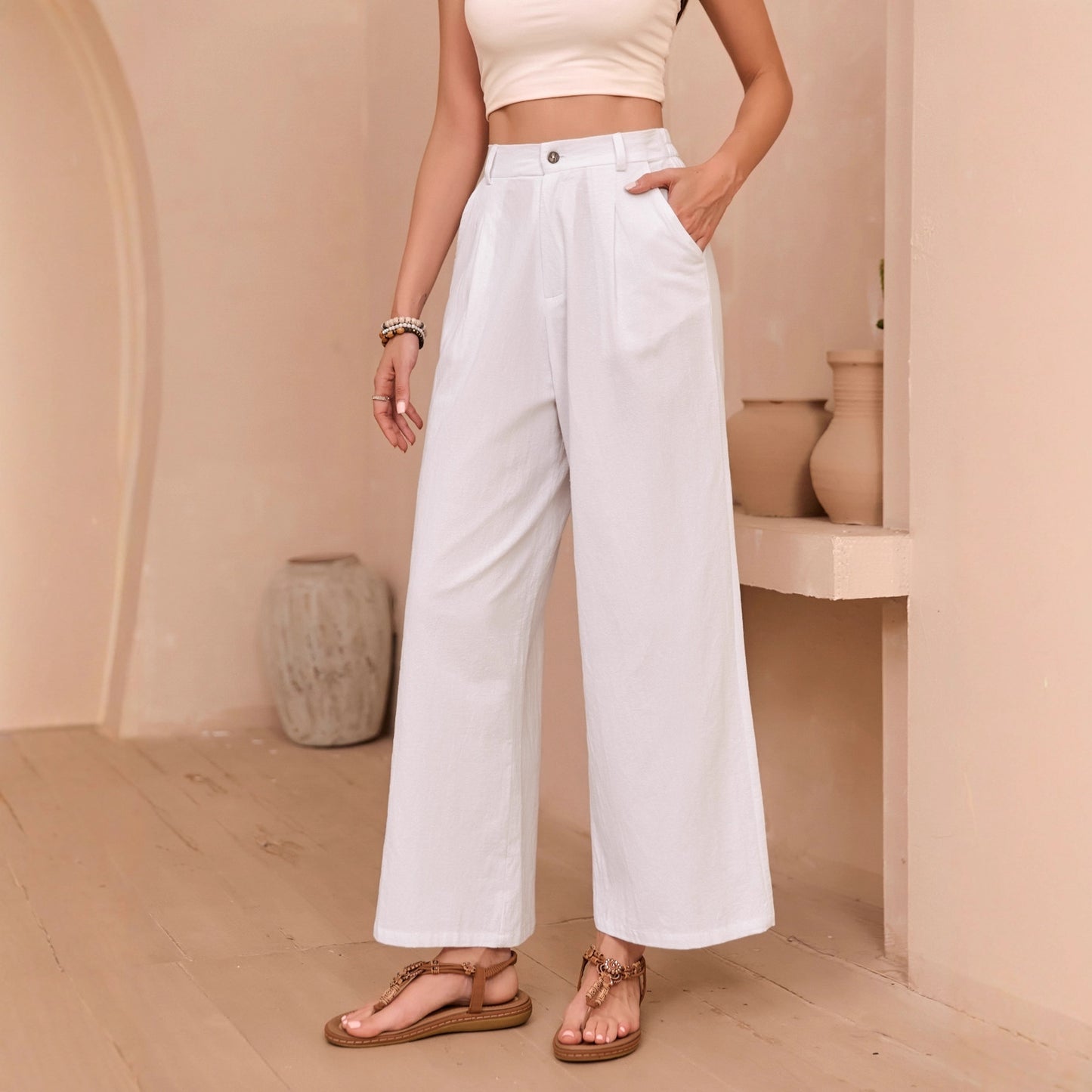 Linen Wide-Leg Pants, High-Waisted Draping Solid Color
