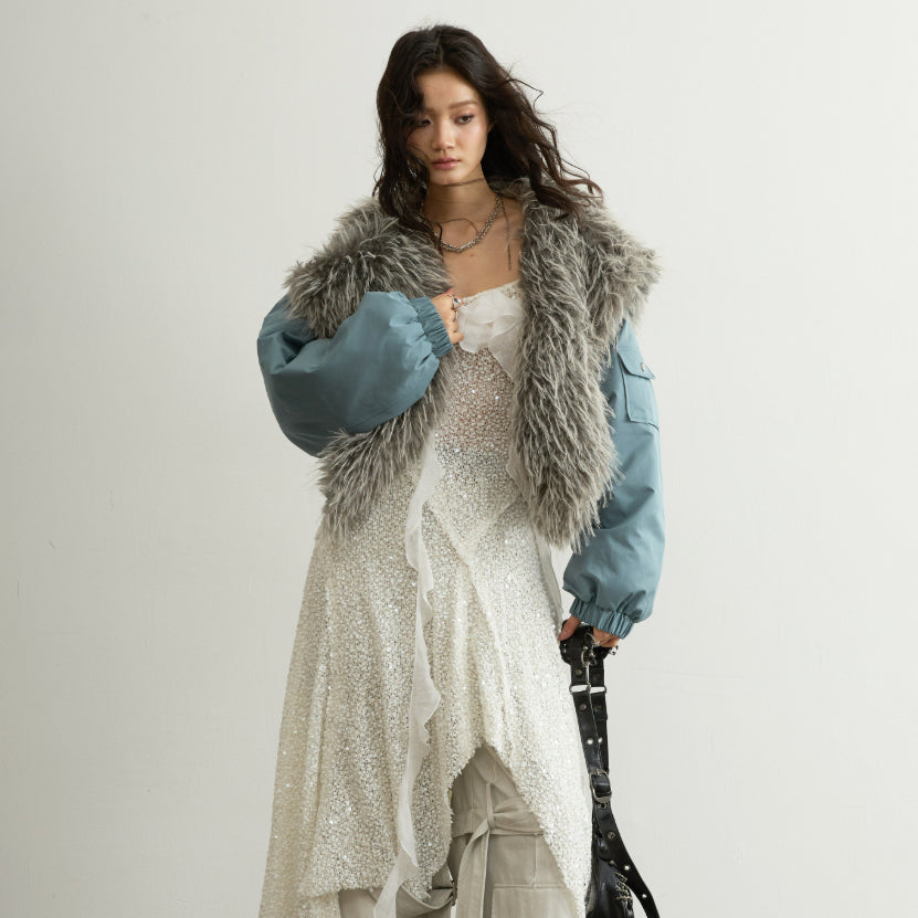 High-waisted Aviator-style Short Jacket With A Hood And Fur Collar