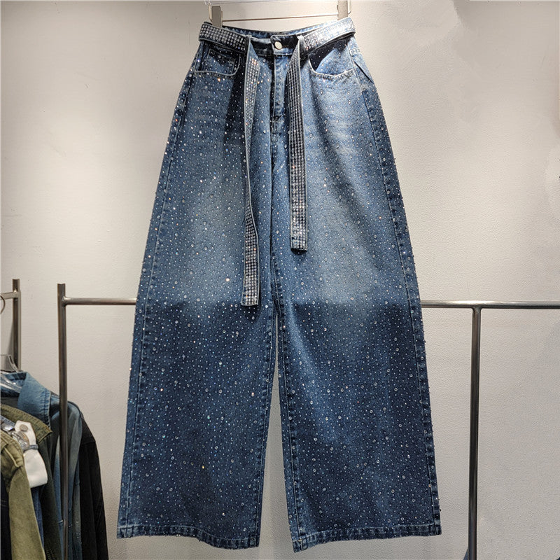 Retro Washed Jeans with Starry Rhinestone Ribbon