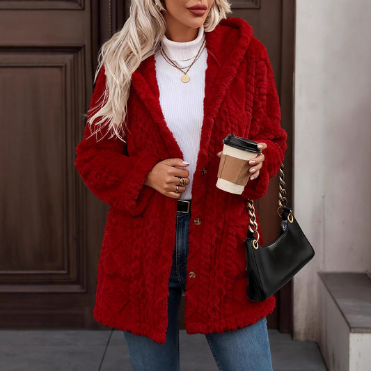 Hooded Solid-Color Cardigan With Buttons, Long-Sleeve Casual Jacket