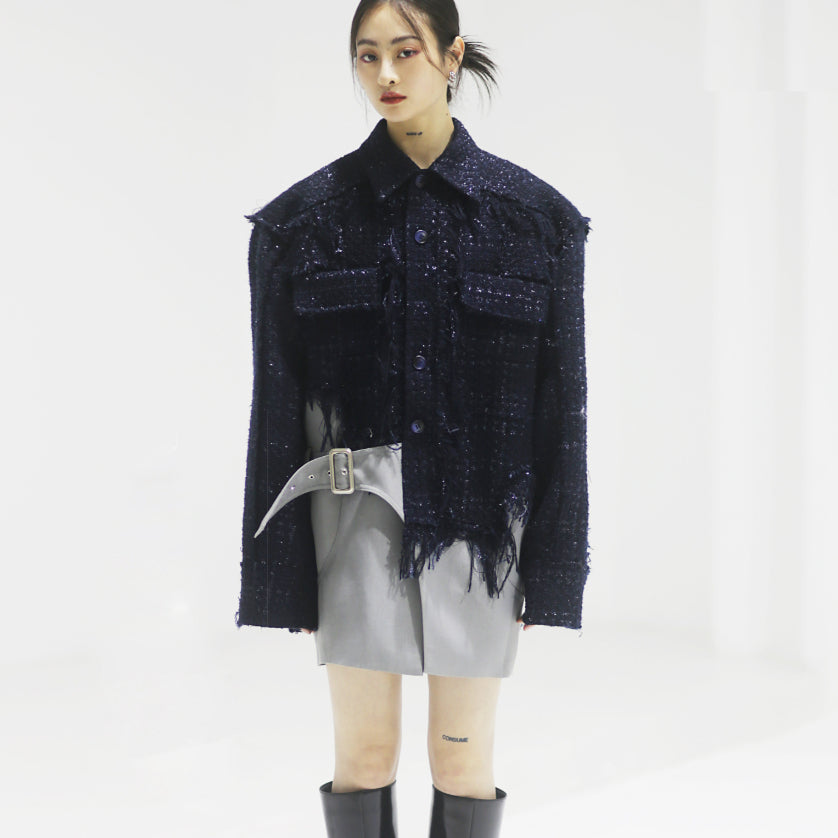 Utility Jacket with Distressed Fringe Patchwork