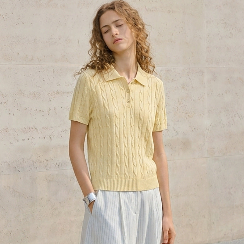 Three-dimensional Cable-knit Short-sleeved Polo Shirt With A Turn-down Collar
