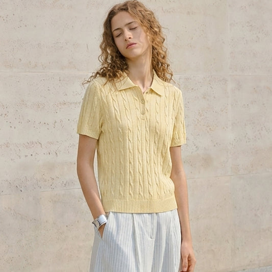 Three-dimensional Cable-knit Short-sleeved Polo Shirt With A Turn-down Collar