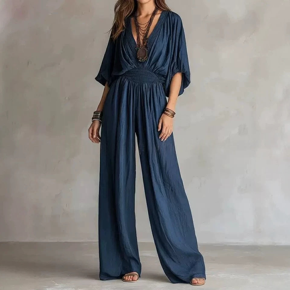 Women's Loose-Fitting Jumpsuit with V-Neck