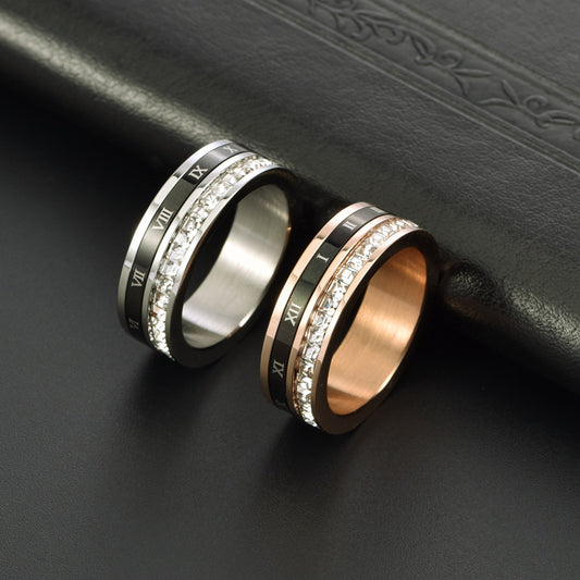 Stainless Steel Roman Numeral Rotating Single-row Square-cut Ring