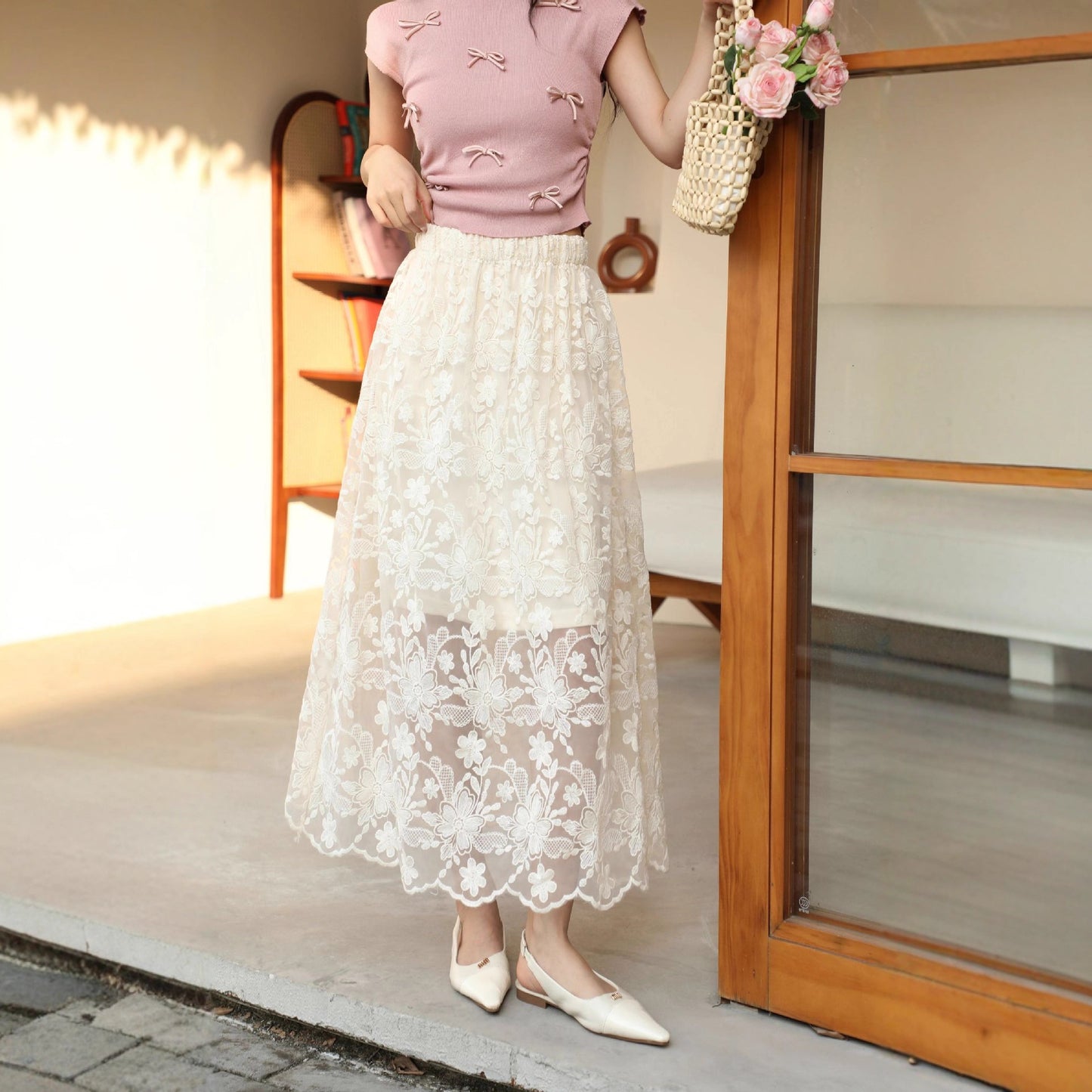 Midi Skirt with Retro Crochet Hollow-Out Design