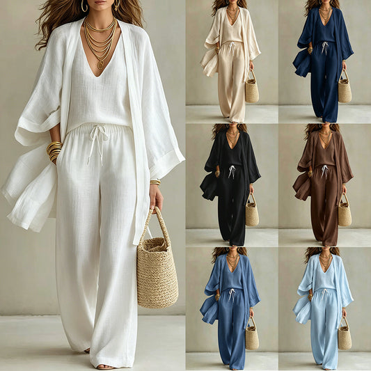 Three-Piece Lounge Set with Cardigan, Vest, and Pants