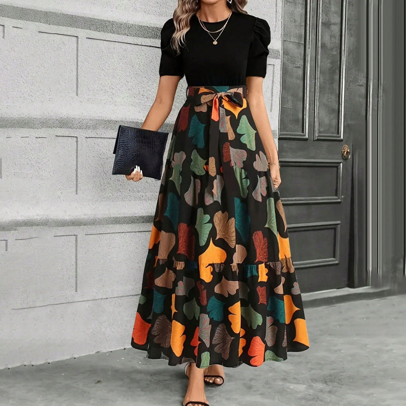 Printed Crew-Neck Long Dress Cross-Border Summer Womens Skirt