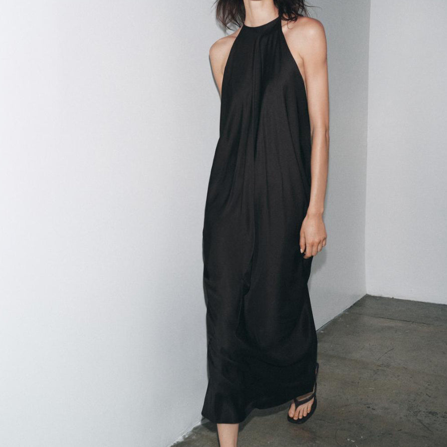 Halter-neck Silk-satin Sleeveless Dress