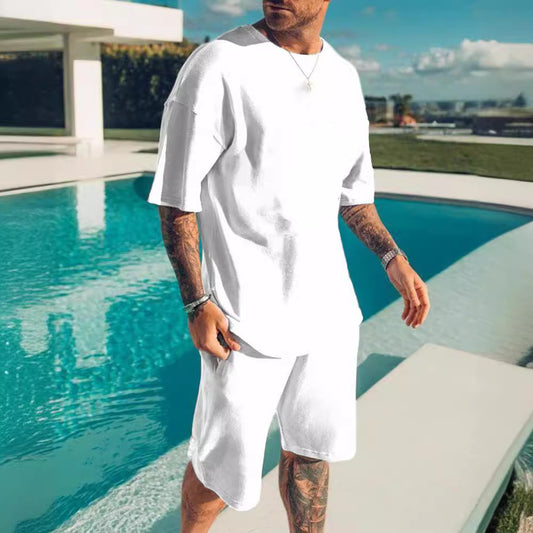 Solid-color Printed Mens Summer Short-sleeve Beach Shorts Set