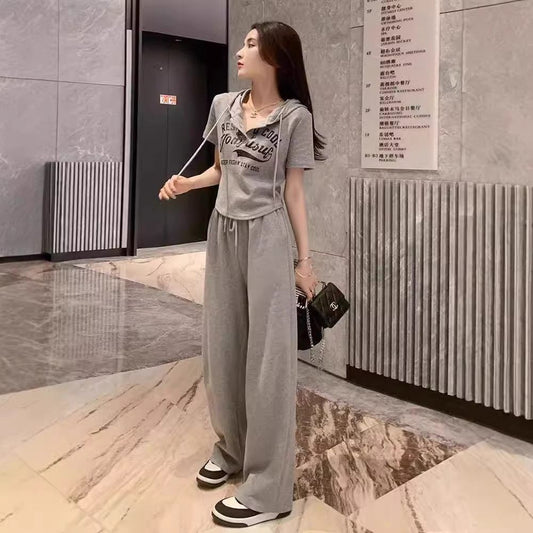 Womens Summer New Stylish Slimming Short-sleeve Wide-leg Pants Two-piece Set