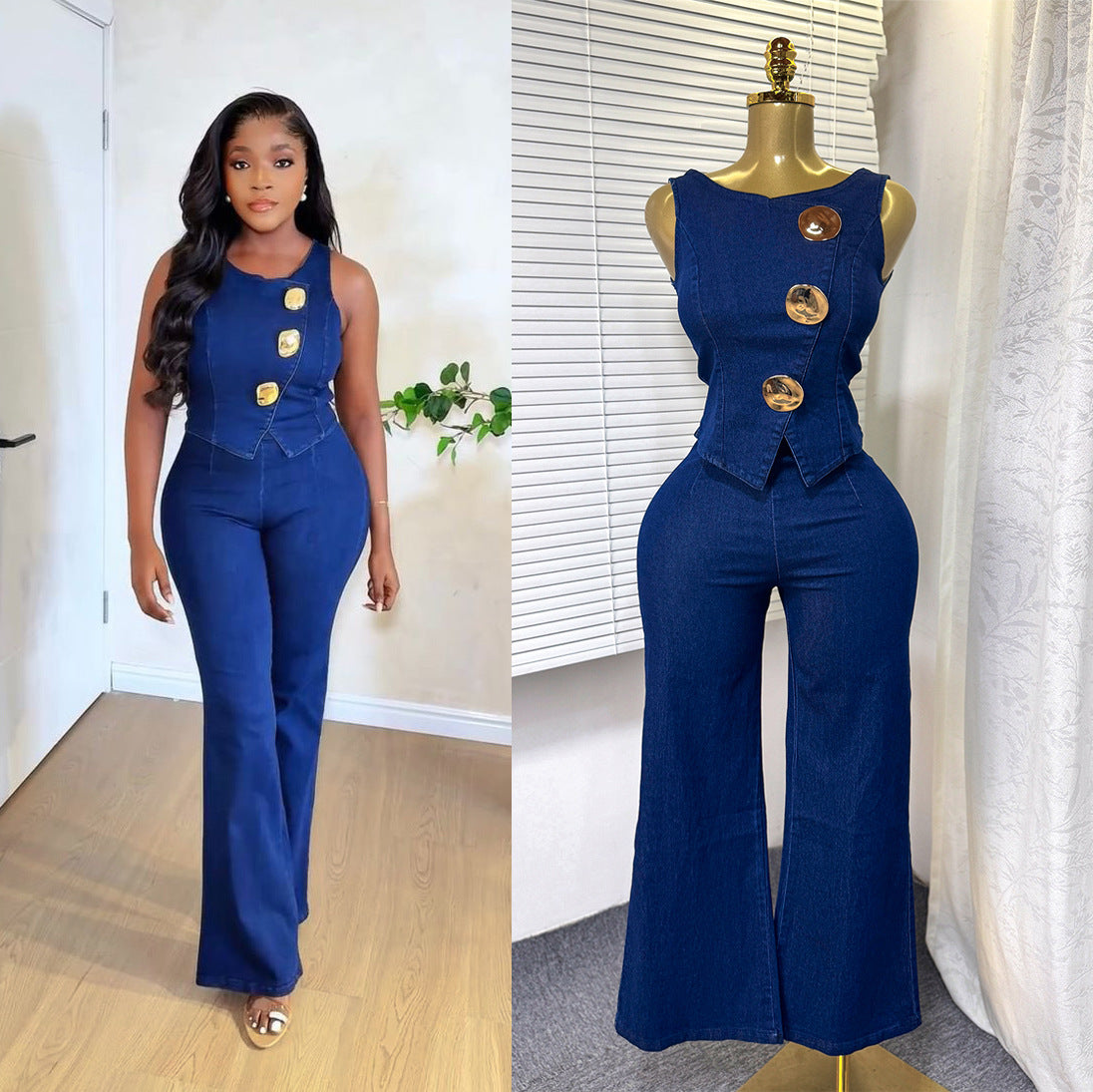 Vest and Jeans Set with High-Waisted Wide-Leg Cut