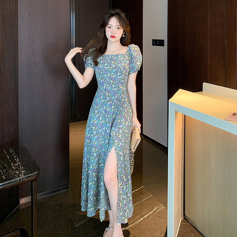 French Style Puff Sleeve Floral Dress Women