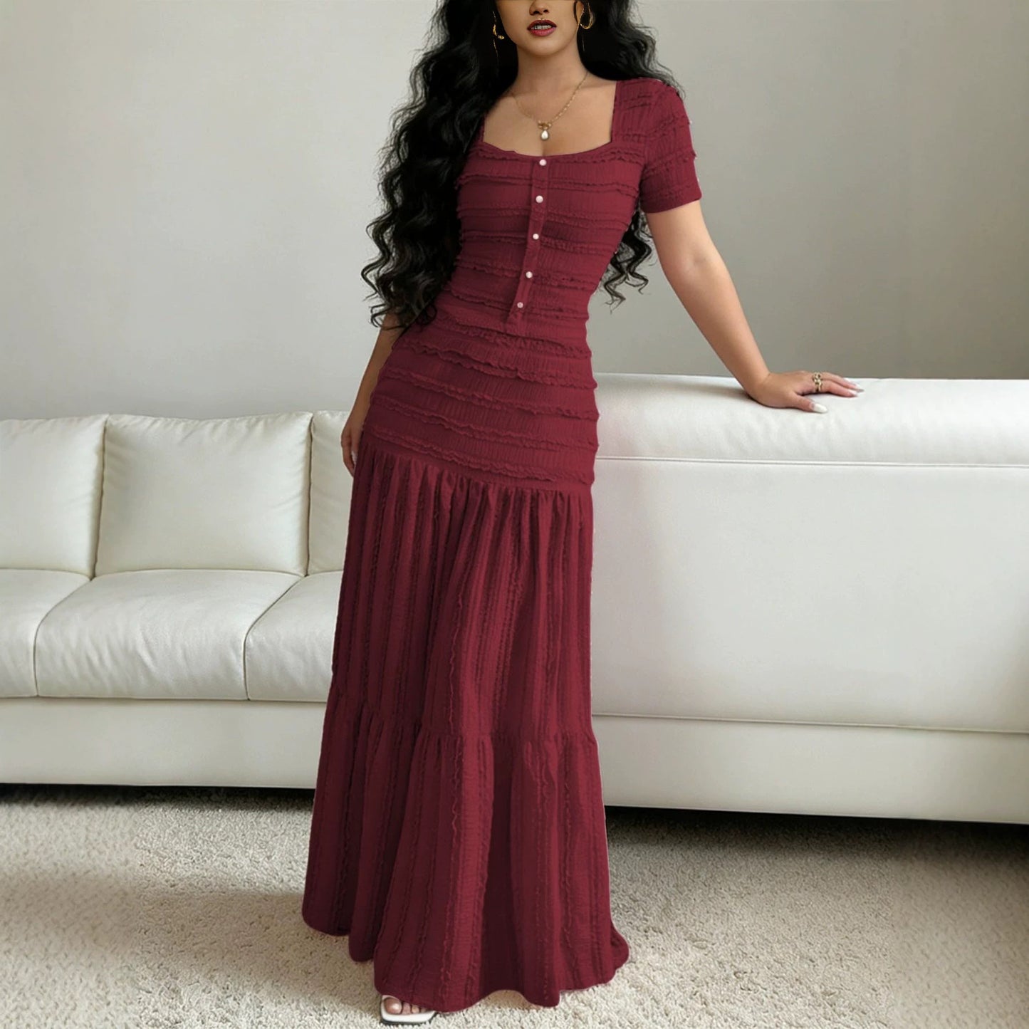 Sweet And Cute Short-sleeved Square-neck T-shirt And Skirt Set For The Evening Gala