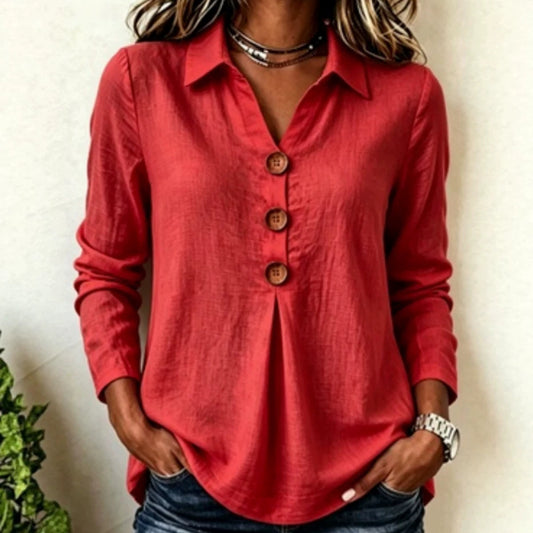 Womens Long-sleeve Solid-color Button-up Shirt