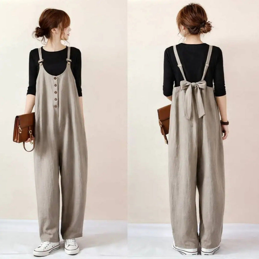 Summer New Solid-Color Loose Casual Suspender Jumpsuit For Women