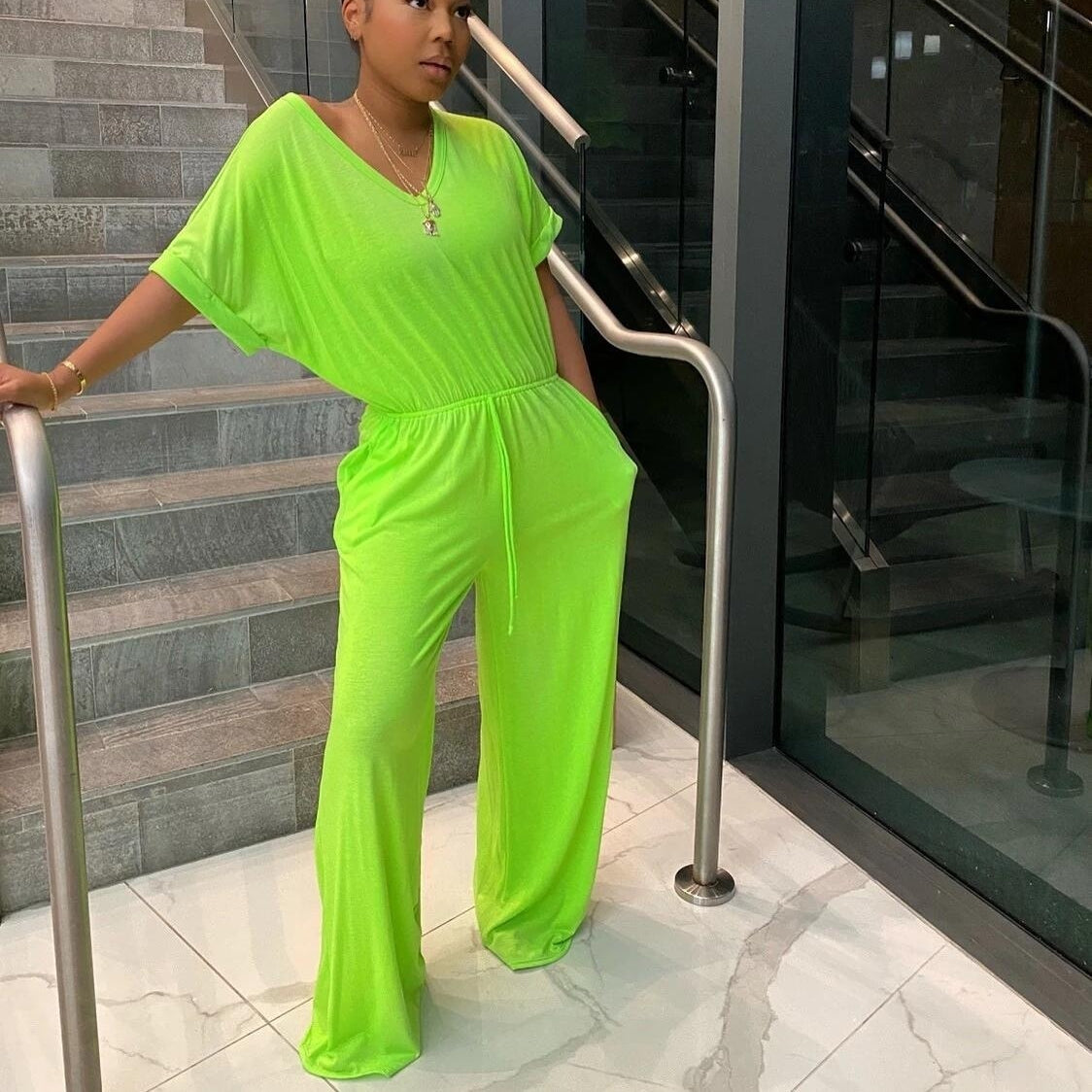 Womens Loose-fitting Casual Solid-color V-neck Jumpsuit