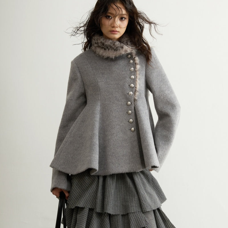 Lady's Short Coat, Grey Woolen with Metal Fastening