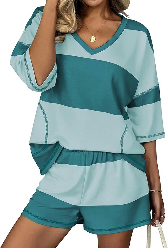 Two-Piece Outfit with Striped V-Neck Top and Shorts