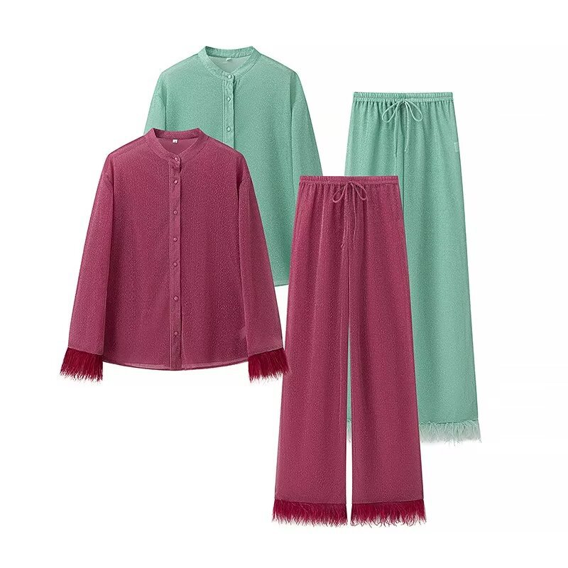 Mao Mao Niche-design Long-sleeve Feather Blouse And Trousers