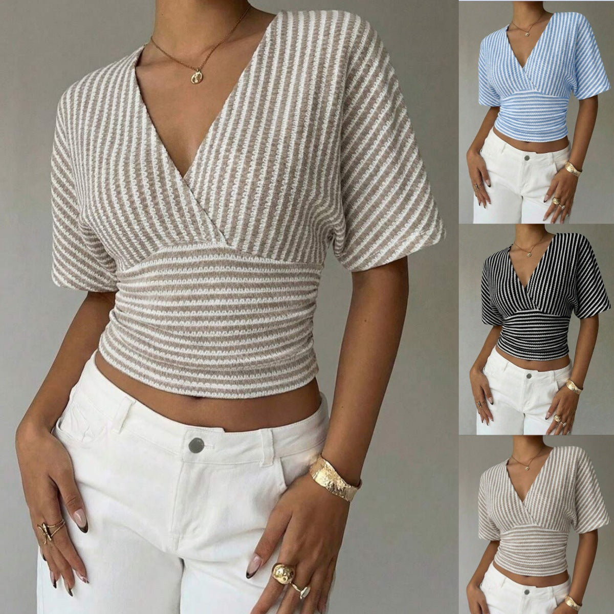 Women's V-Neck Knitted Striped Top