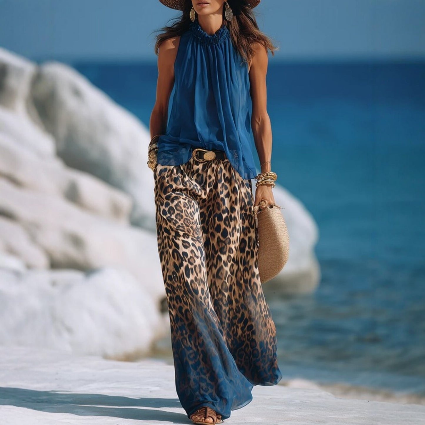Halter-Neck Chiffon Top and Leopard-Print Gradient Wide-Leg Pants Set
