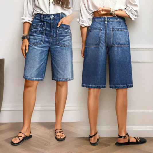 Washed Stretch Mid-rise Straight-leg Jeans Vintage Sand-washed Capri Pants