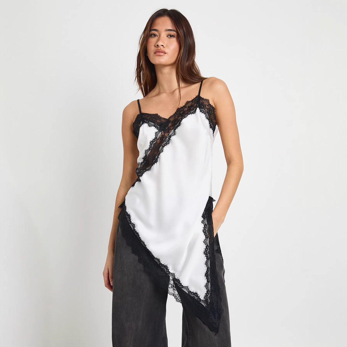 Irregular Hem Silky Satin Long Slip Dress