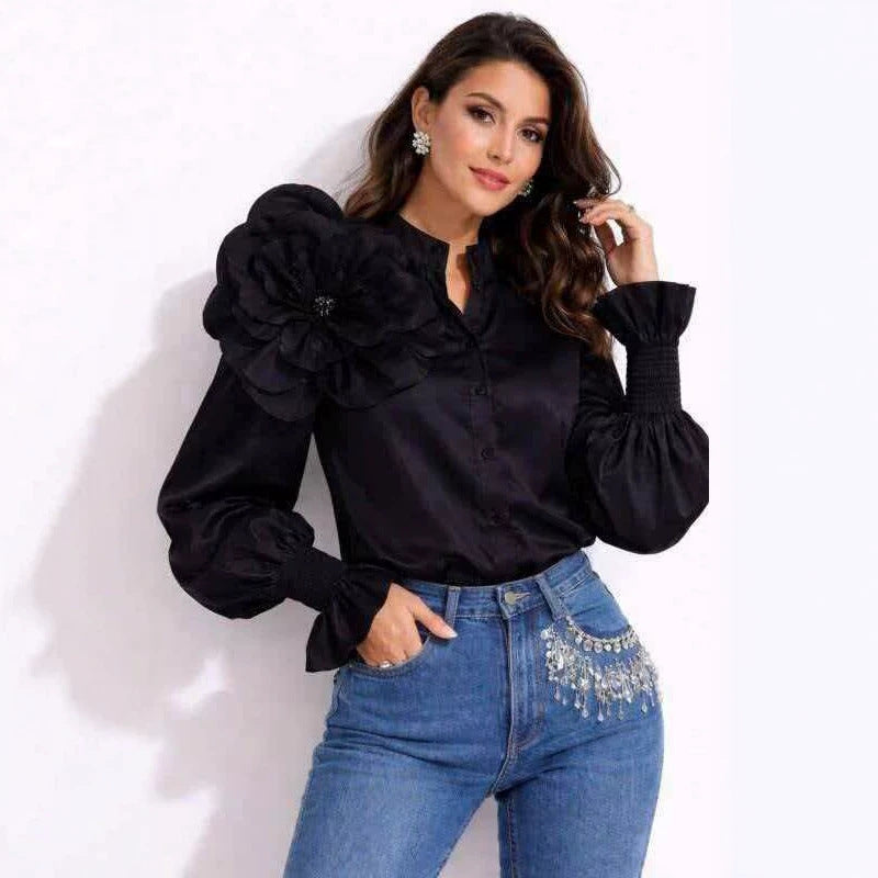 Blouse with Loose-Fitting Lantern Sleeves