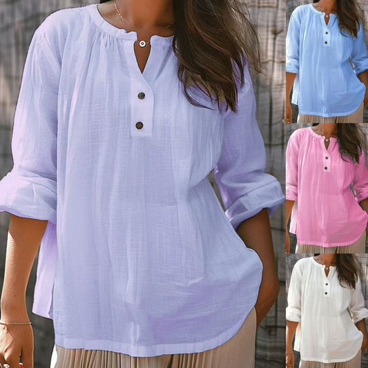 Bamboo-striped Solid-color Vintage Crew-neck Pullover Shirt