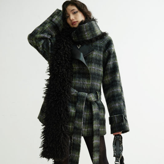 Extra-long Fluffy Scarf-style Plaid Mixed-color Wool Coat
