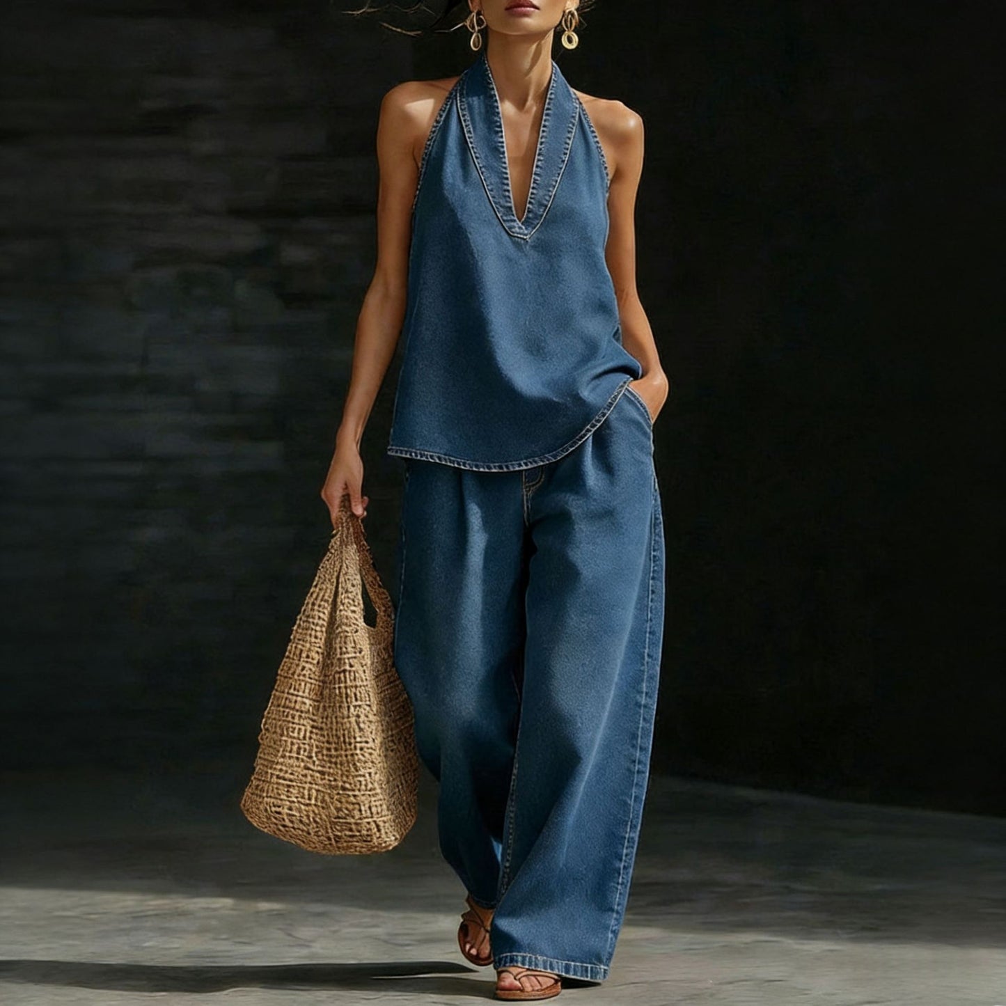 Womens Distressed Bleached Denim Set With A Natural Vibe