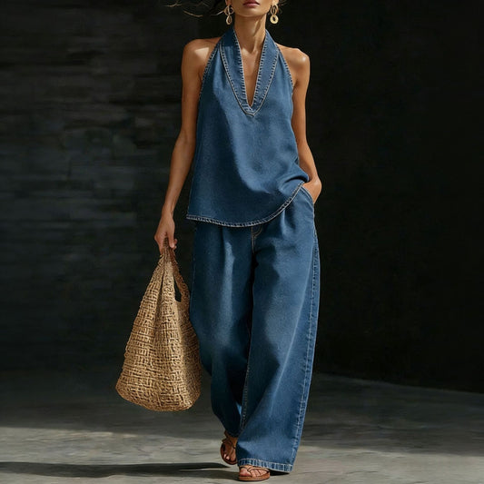 Womens Distressed Bleached Denim Set With A Natural Vibe